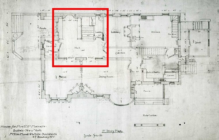 Ground-floor plan of the Metcalfe House by McKim, Mead and White, 1882. 
