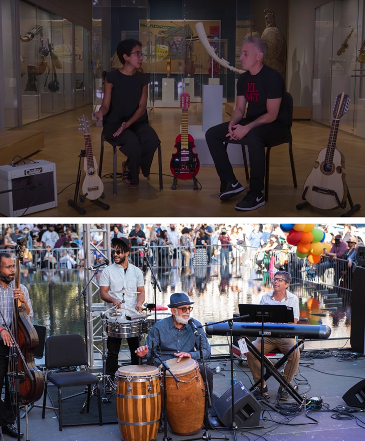 Composition image: the top image shows Fabiola Méndez, cuatrista, in conversation with Miguel Luciano in the Musical Instruments galleries at The Met and the bottom image shows Los Pleneros de la 21 performing at MetFest.
