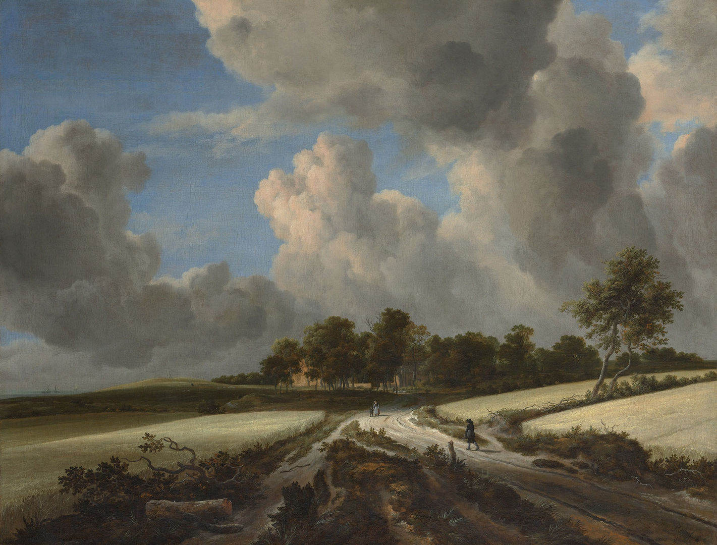 A landscape of wheat fields covering low hills is covered by clouds with a beam of light breaking through to reveal blue sky.