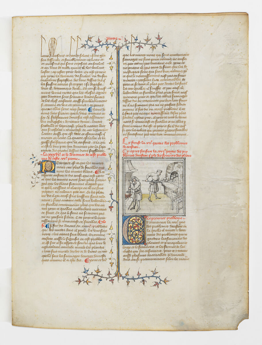 A Medieval Bakery, from the Book of Problems of Pseudo-Aristotle, translated into the French by Évrart de Conty, Master of the Second Roman de la Rose of the Duke of Berry, working late fourteenth-early fifteenth century, Ink, colors, and gold on vellum, French (Paris)