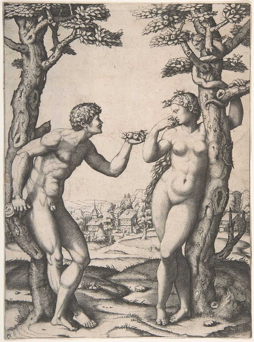 Adam and Eve flanked by two trees, a town in the background, Marcantonio Raimondi Italian, Engraving