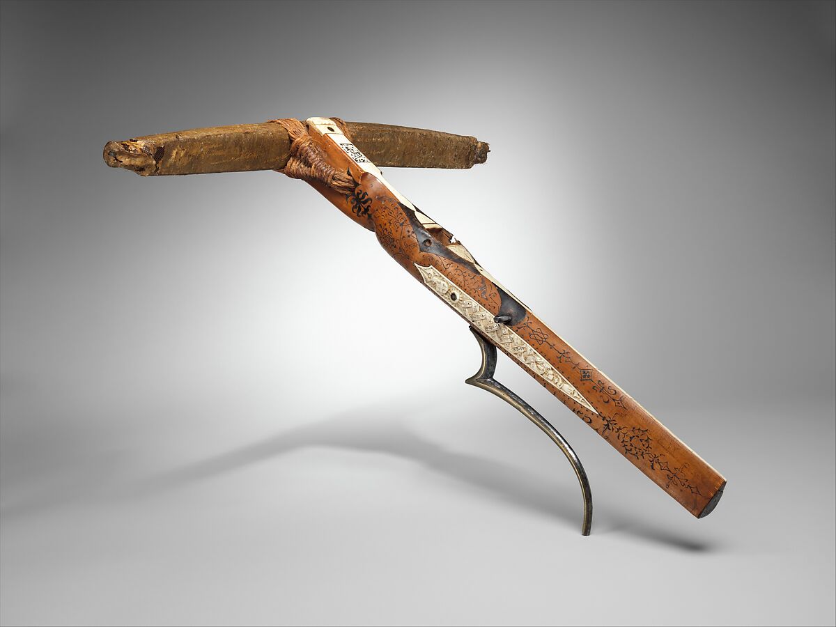 Crossbow of Count Ulrich V of Württemberg (1413–1480), Heinrich Heid von Winterthur probably Swiss, Wood (European hornbeam), horn, animal sinew, staghorn, birch bark, iron alloy, copper alloy, pigment, German, probably Stuttgart