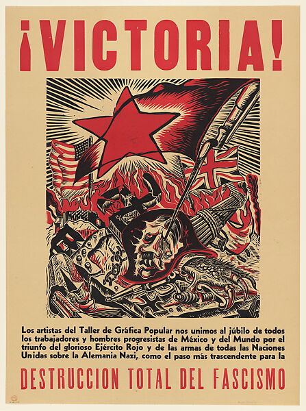 Poster celebrating the victory over the Nazis at the end of World War II, Ángel Bracho Mexican, Lithograph in black and red, letterpress, backed with linen