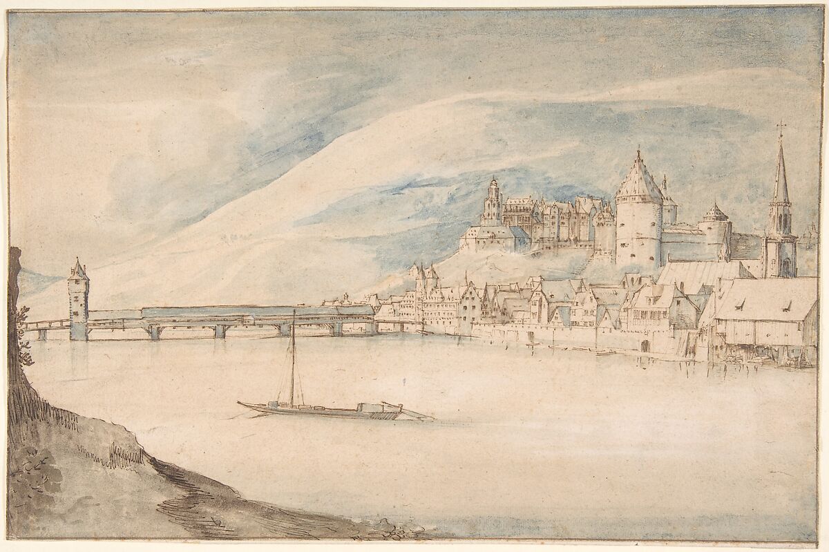 View of Heidelberg, Jan Brueghel the Elder Netherlandish, Pen and brown ink, brush and blue and brown wash, heightened with white; framing lines in pen and brown ink