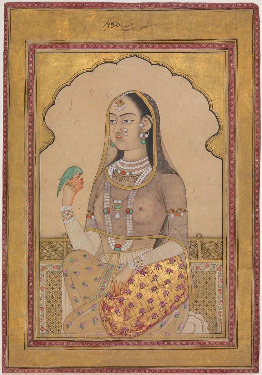 A Bejewelled Maiden with a Parakeet, Opaque watercolor and gold on paper