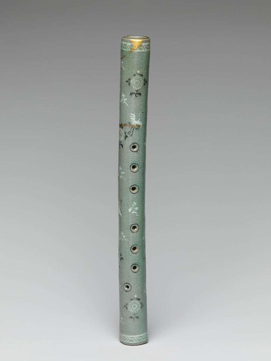 Vertical flute decorated with chrysanthemums, cranes, and clouds
, Stoneware with inlaid design under celadon glaze, Korea