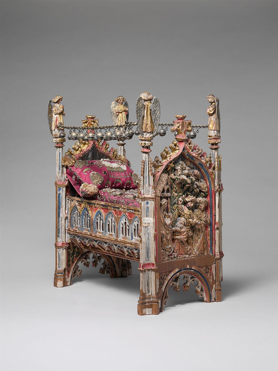 Crib of the Infant Jesus, Wood, polychromy, lead, gilded silver, painted parchment, silk embroidery with seed pearls, gold thread, translucent enamels, South Netherlandish