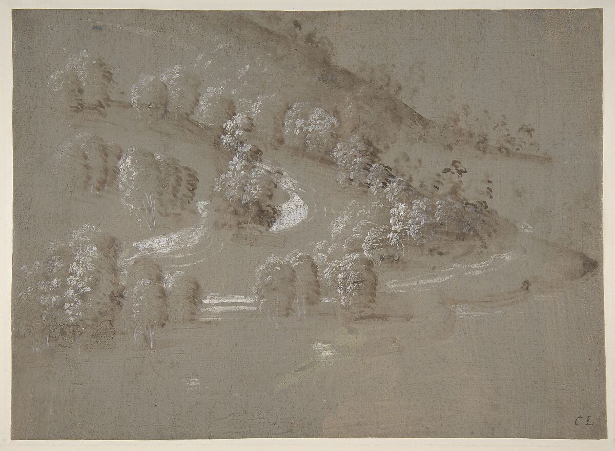 Landscape (recto); Landscape (verso), Perugino (Pietro di Cristoforo Vannucci)  Italian, Brush and brown wash, highlighted with white gouache, on gray-green prepared paper (recto); pen and brown ink on unprepared off-white paper (verso)