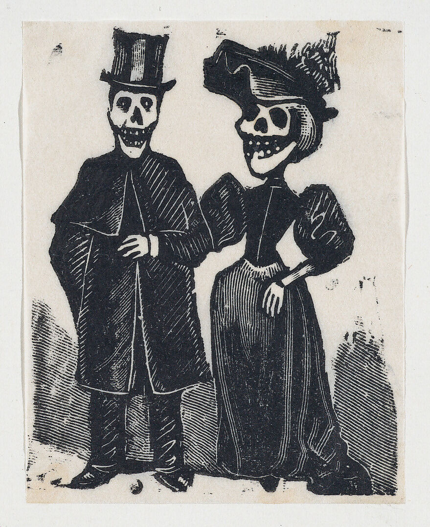 Elegantly dressed male and female skeletons arm in arm (vignette for the feast of the dead), José Guadalupe Posada Mexican, Type-metal engraving