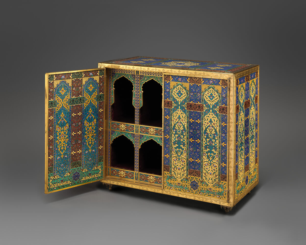Cabinet, Maison Barbedienne  French, Brass, with polychrome cloisonné enamel; velvet, French, Paris