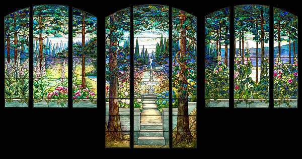 3-part Garden landscape window for Linden Hall, Agnes F. Northrop  American, Leaded Favrile glass