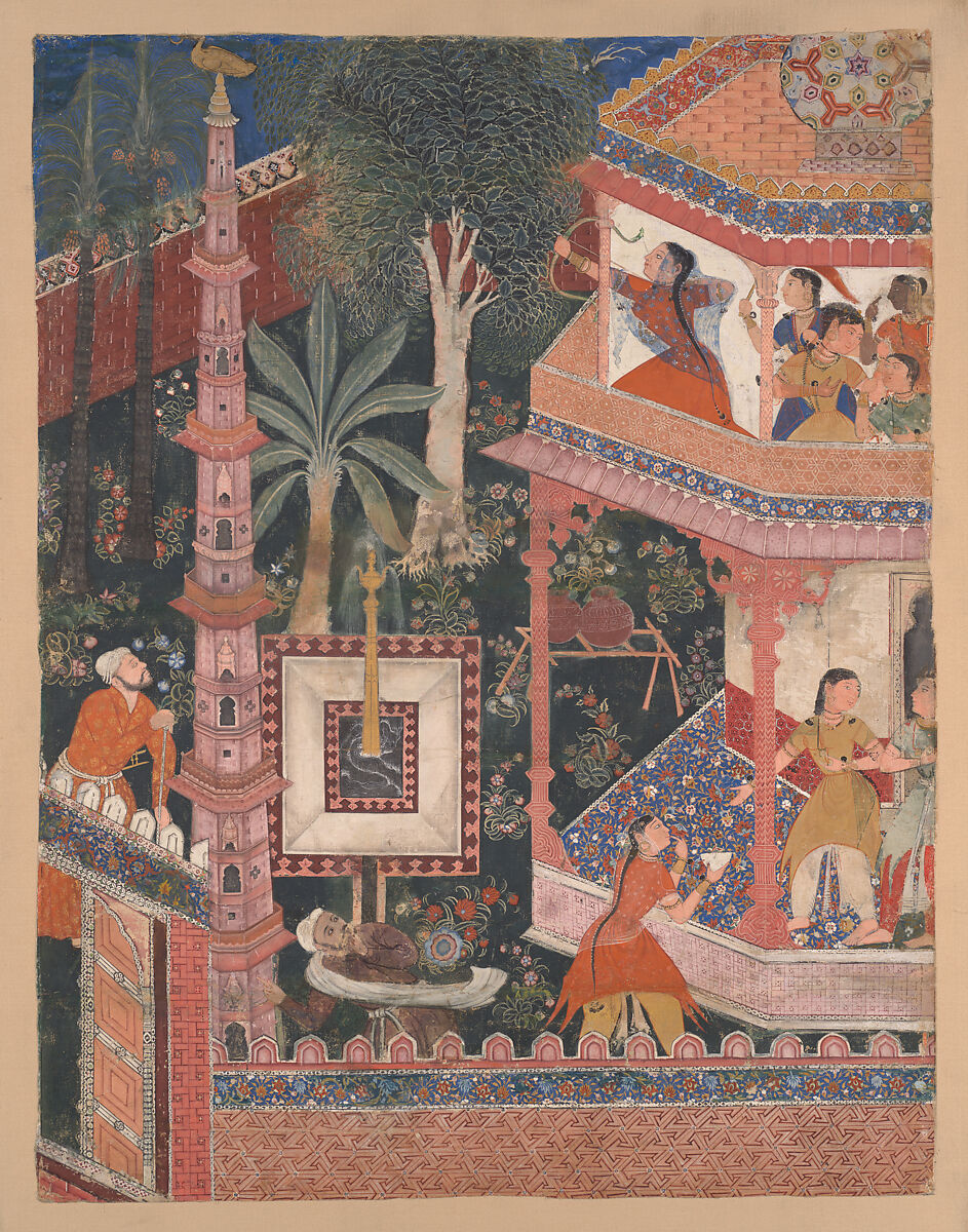 "Mihrdukht Aims her Arrow at the Ring," Folio from the Hamzanama (The Adventures of Hamza), Opaque color and gold on cotton cloth