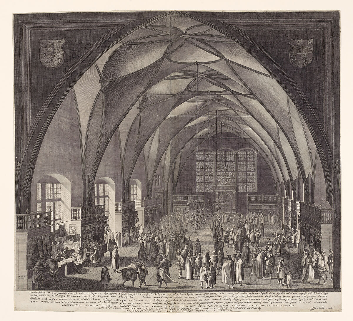 Interior View of Vladislav Hall at Prague Castle during the Annual Fair, Aegidius Sadeler II  Netherlandish, Engraving