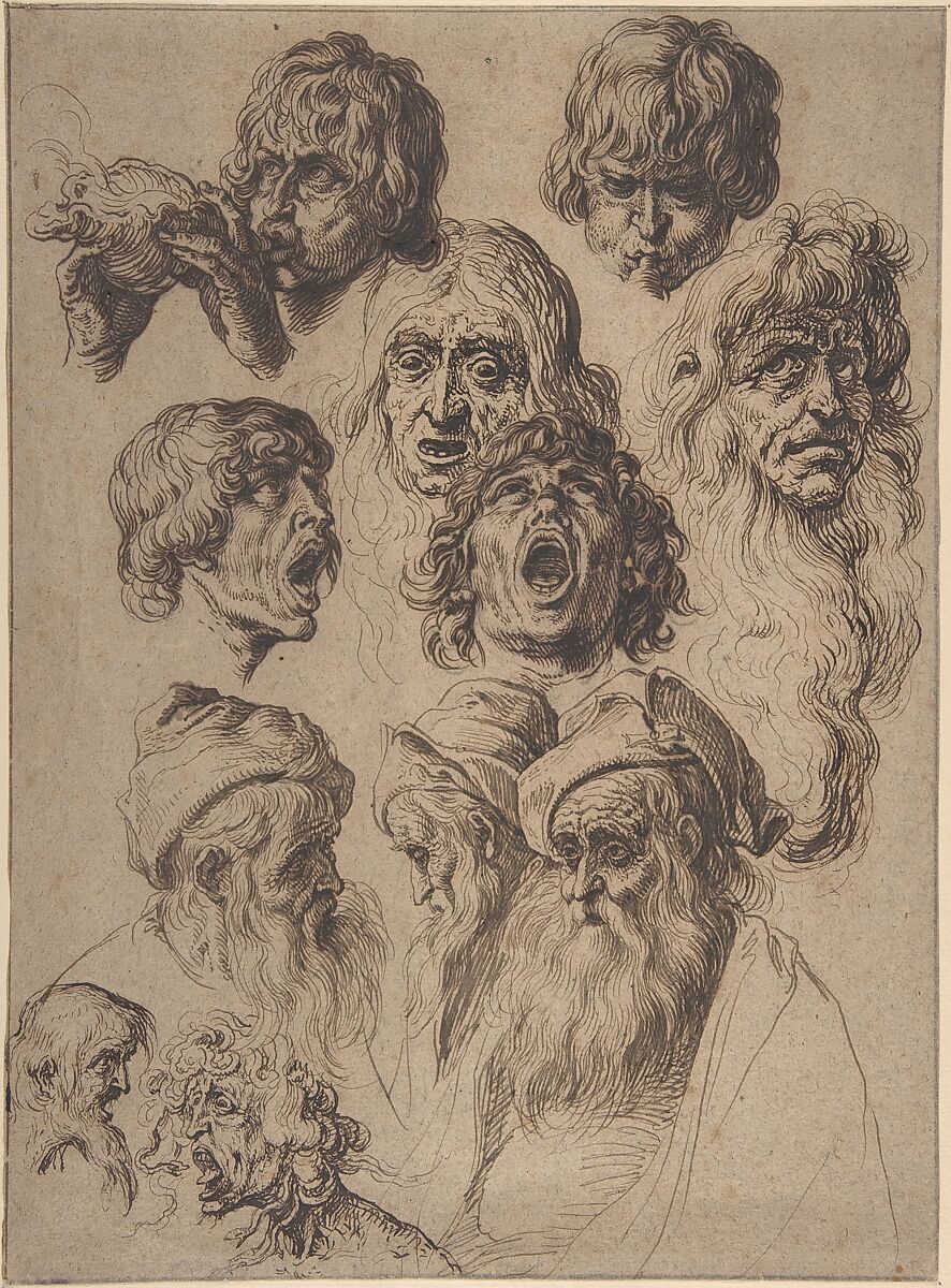 Study of Eleven Heads, Jacques de Gheyn II Netherlandish, Pen and three shades of brown ink with black chalk on laid paper; framing lines in pen and brown ink and graphite
