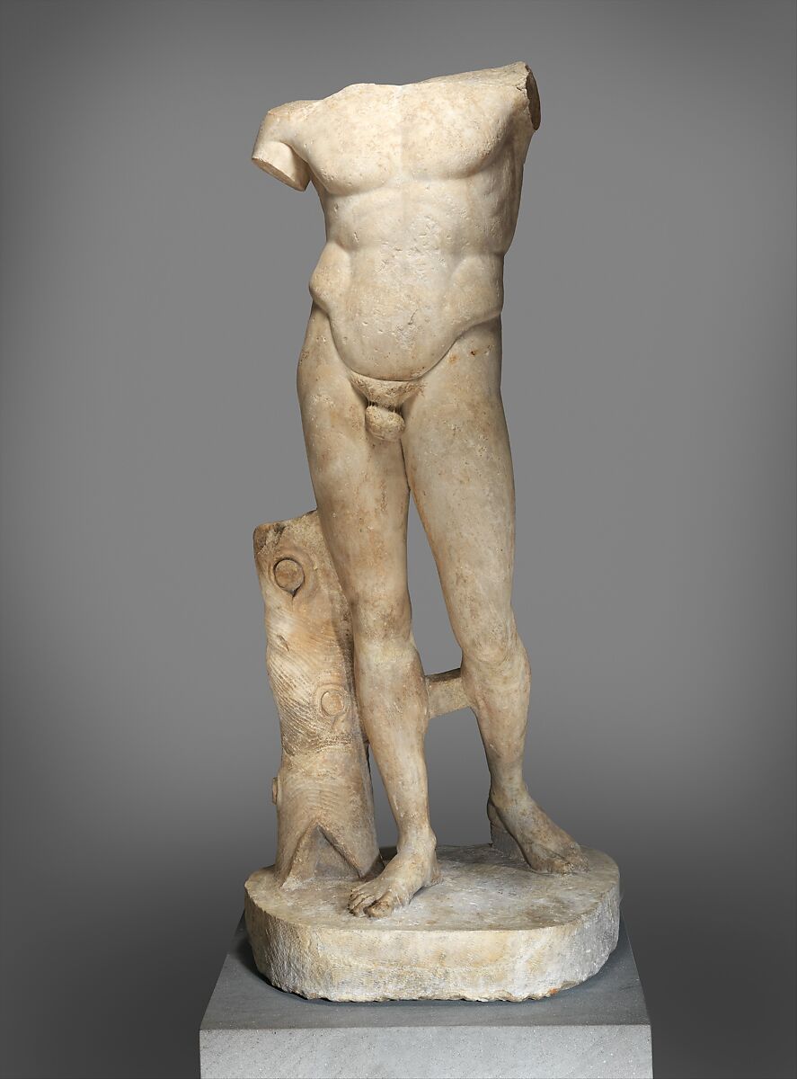 Marble statue of the Diadoumenos (youth tying a fillet around his head), Polykleitos, Marble, Roman