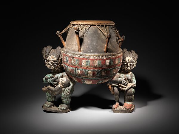 Drum, Wood, polychrome, skin, trade beads, plastic, Akan Ashanti people