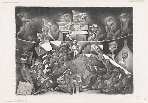 'Great Builders' (figures engaged in building a pyramid), Jean Charlot French, Lithograph