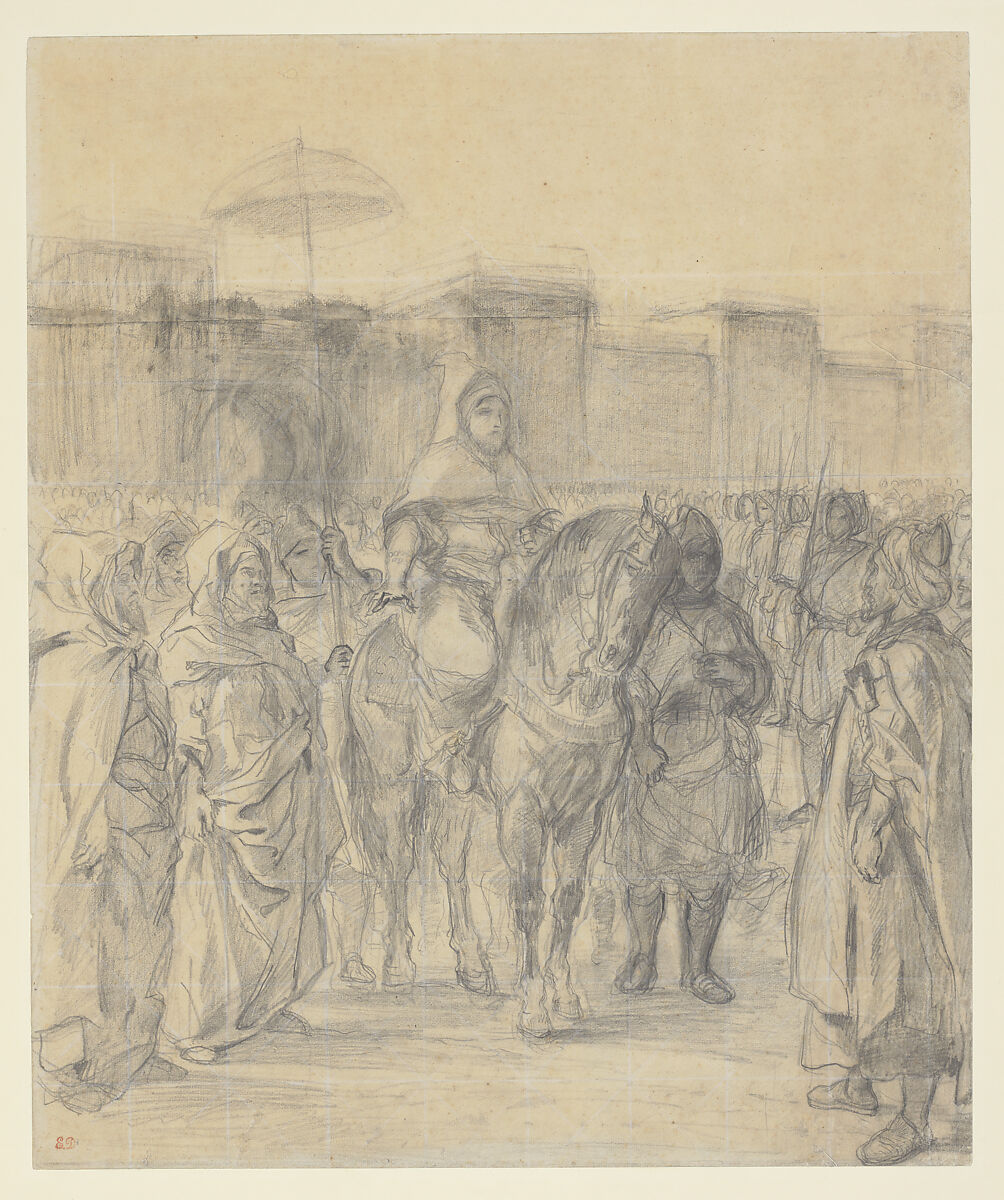 Study for "The Sultan of Morocco and His Entourage", Eugène Delacroix  French, Graphite; squared in white chalk