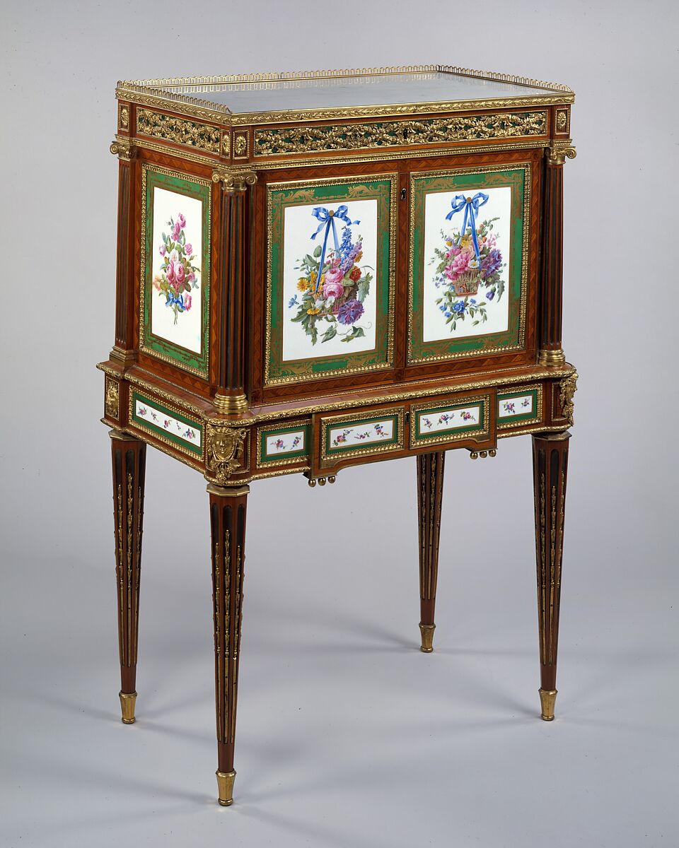 Secretary, Martin Carlin and French, Oak veneered with tulipwood, amaranth, holly, ebonized holly, and other marquetry wood; brass; green-colored metal; gilt-bronze mounts; marble top. Soft paste porcelain plaques from the Sèvres Manufactory.