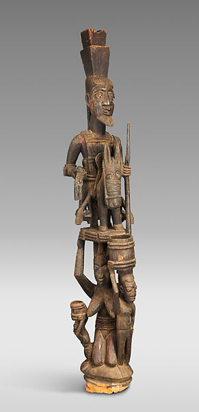Òpó (veranda post) with equestrian and female figure, Olowe of Ise  Nigerian, Iroko wood, paint, resin, Yoruba peoples