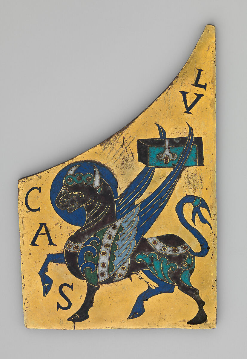 Plaque with the Symbol of the Evangelist Luke, Champlevé and cloisonné enamel on gilded copper, French