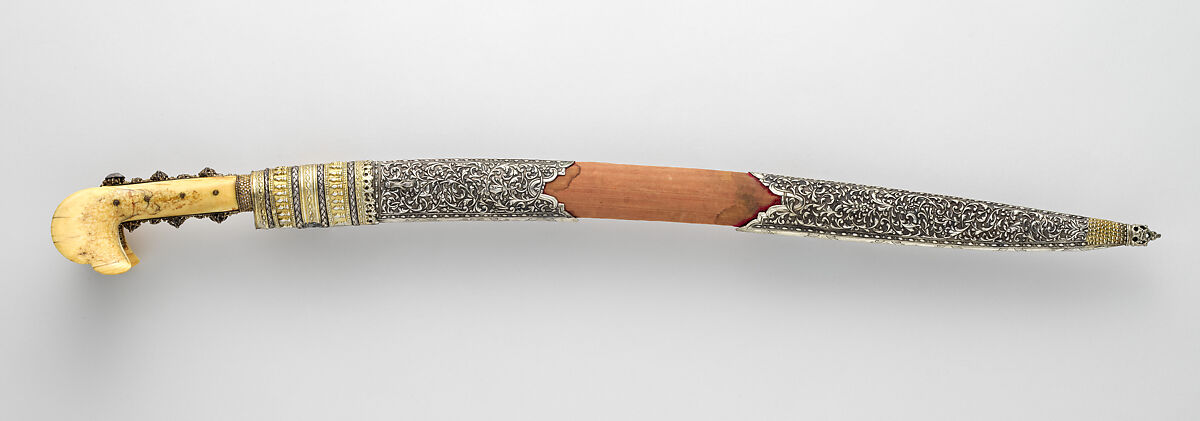 Sword (Yatagan) with Scabbard, Steel, wood, walrus ivory, silver, velvet, gold, Balkan, Kosovo or Albania