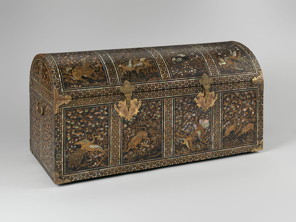 Nanban Coffer with Animals and Landscapes, Lacquered wood with gold and silver hiramaki-e and mother-of-pearl inlay, Japan