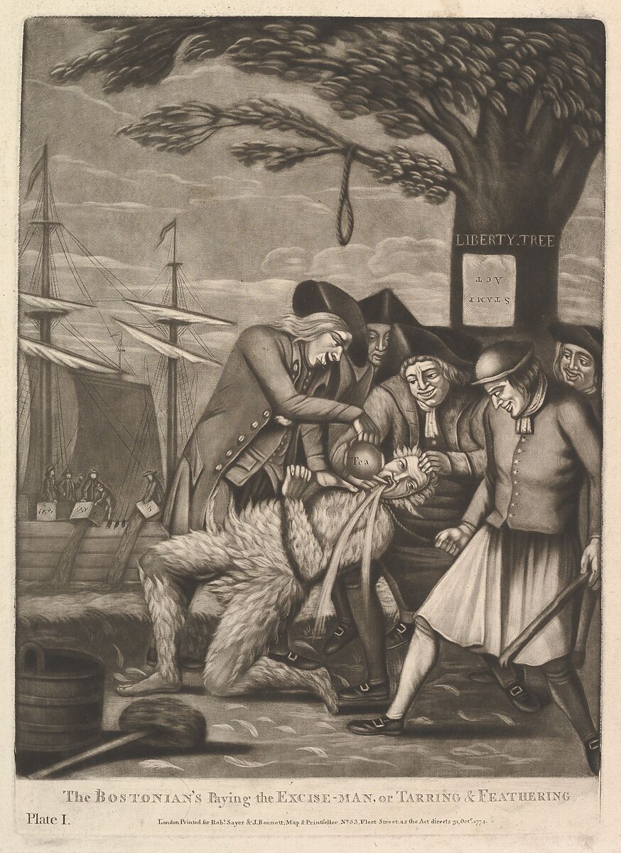 The Bostonians Paying the Excise-Man, or Tarring & Feathering, Philip Dawe  British, Mezzotint and etching