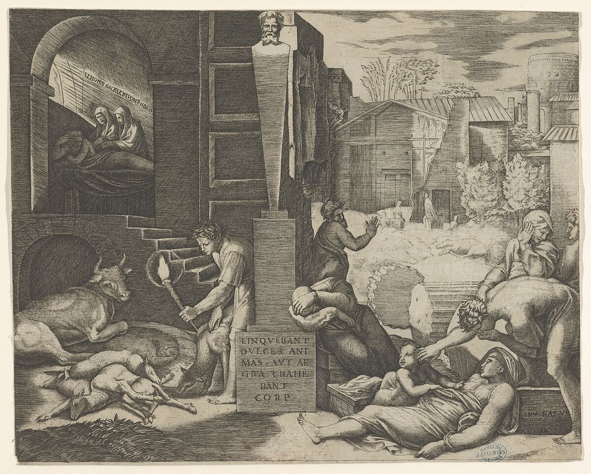 A plague scene at right, a man at left holding a torch illuminating part of the scene at left, sick people at the right, Marcantonio Raimondi  Italian, Engraving (heavily reworked)