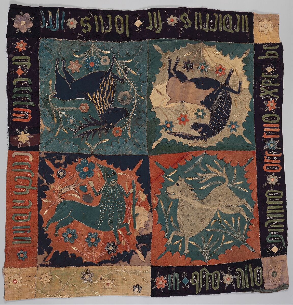 Textile Fragment with Unicorn, Deer, Centaur and Lion, Wool intarsia and applique with gilded leather and linen embroidery, Scandinavian