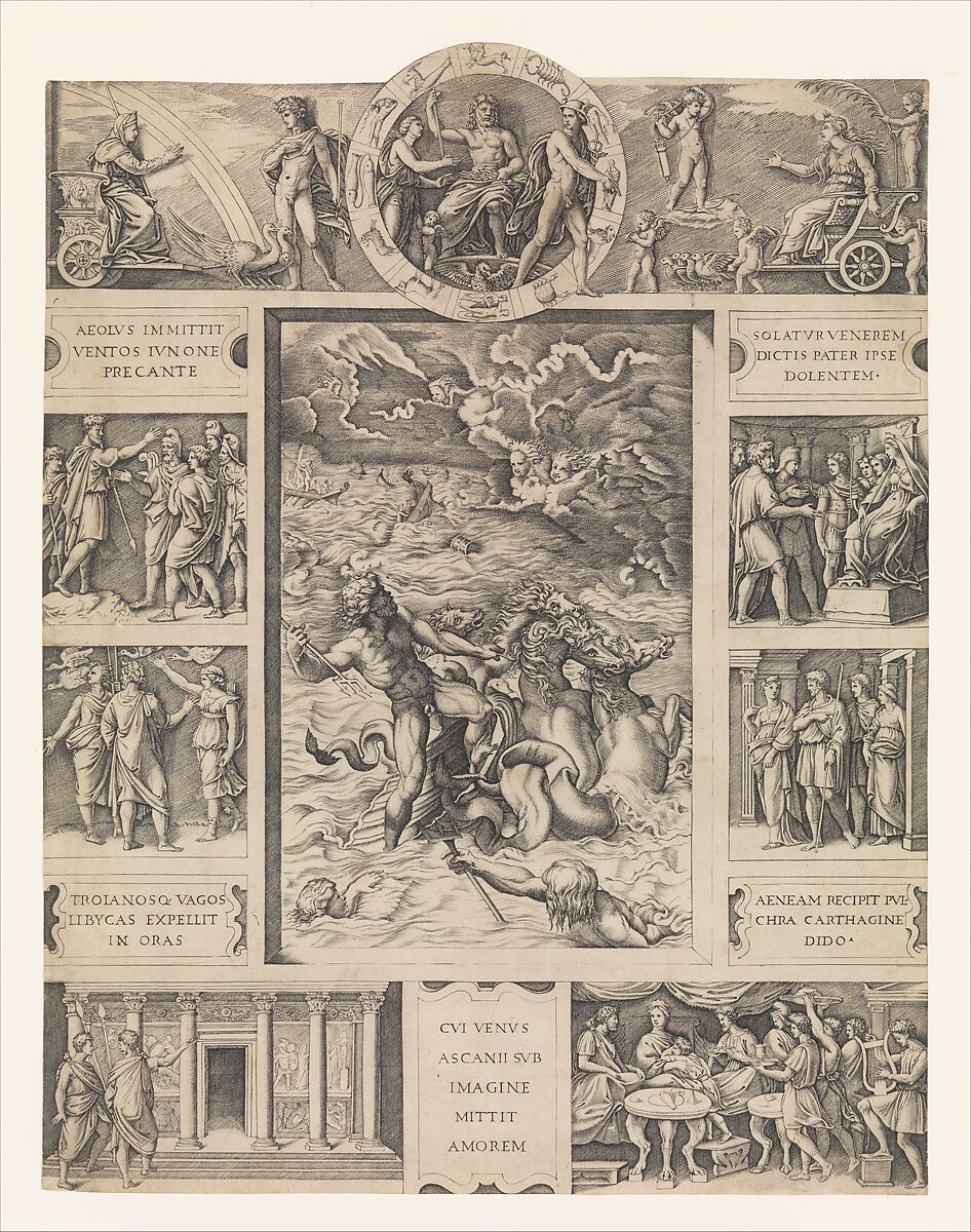 Neptune calming the tempest which Aeolus raised against Aeneas' fleet, from Book I of the Aeneid, Marcantonio Raimondi  Italian, Engraving