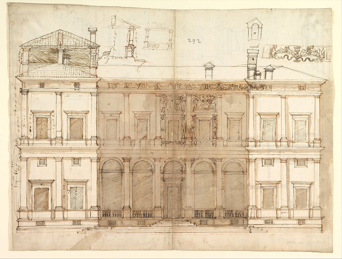 Villa of Agostino Chigi (La Farnesina), Rome, north façade, with ornamental detailing (recto); Villa of Agostino Chigi (La Farnesina), Rome, plan and moulding profiles (verso), Anonymous, French, 16th century  French, Pen and dark brown ink, black chalk, and incised lines