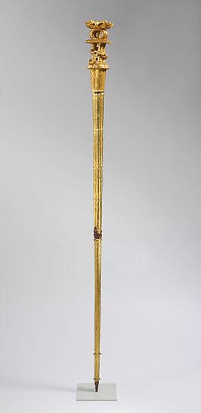 Ȯkyeame poma (royal spokesperson's staff) with stool, chain, and crossed swords, Asante-Akan artist, Wood, gold foil, Asante
