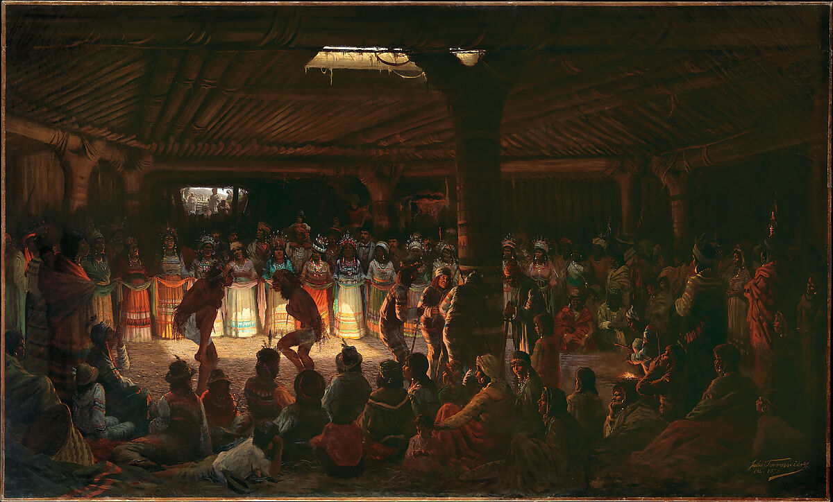 Dance in a Subterranean Roundhouse at Clear Lake, California, Jules Tavernier American, born France, Oil on canvas, American