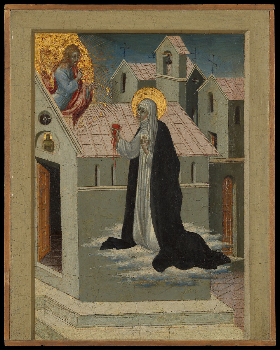 Saint Catherine of Siena Exchanging Her Heart with Christ, Giovanni di Paolo (Giovanni di Paolo di Grazia) Italian, Tempera and gold on wood