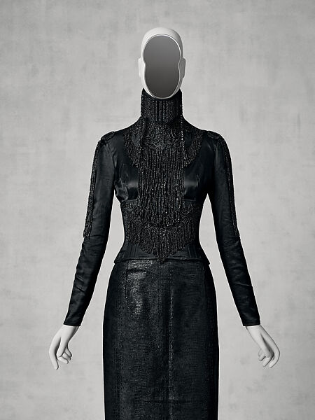 Ensemble, Olivier Theyskens Belgian, (a) cotton, jet, metal; (b) silk, jet, mother-of-pearl; (c) leather, synthetic fiber, metal; (d, e) leather, plastic, Belgian