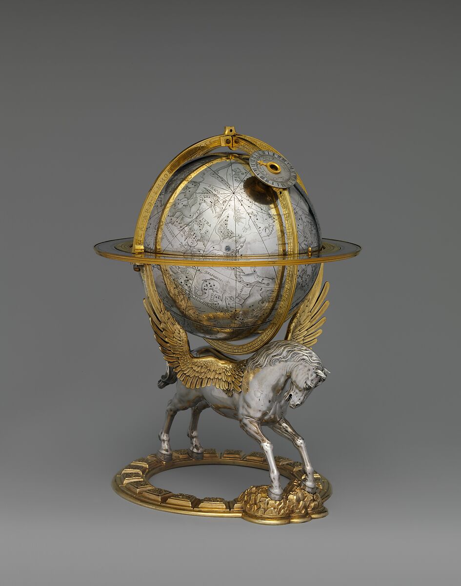 Celestial globe with clockwork, Gerhard Emmoser  German, Case: partially gilded silver, gilded brass; movement: brass, steel, Austrian, Vienna