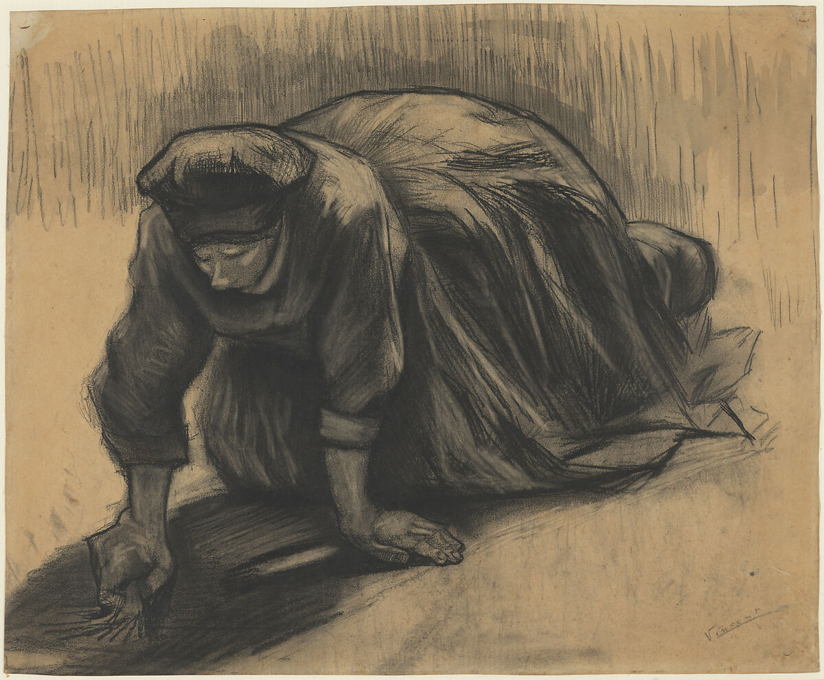 Peasant Woman Kneeling and Pulling Carrots, Vincent van Gogh Dutch, Black chalk and brush and wash