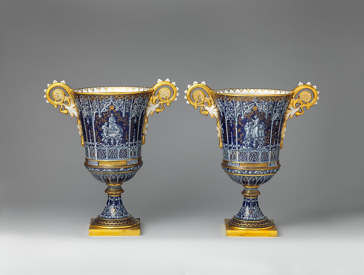 Vase (vase gothique Fragonard) (one of a pair), Alexandre Evariste Fragonard French, Hard-paste porcelain decorated in polychrome enamels, gold, gilt bronze, French, Sèvres