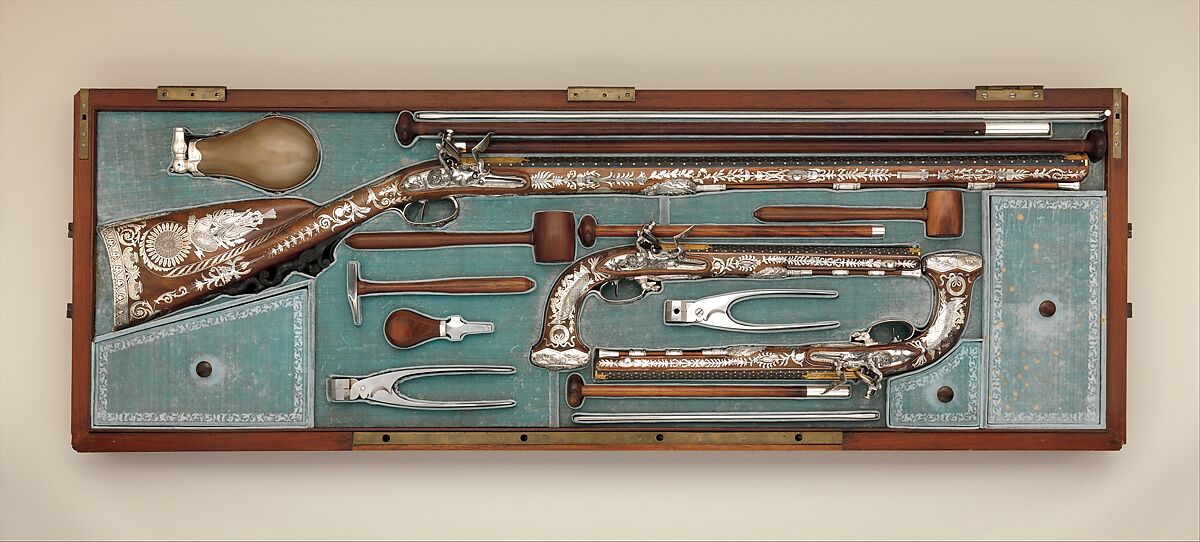 Cased Set of a Flintlock Rifle, a Pair of Pistols, and Accessories, Nicolas Noël Boutet French, Steel, wood (walnut, mahogany), silver, gold, horn, velvet, French, Versailles