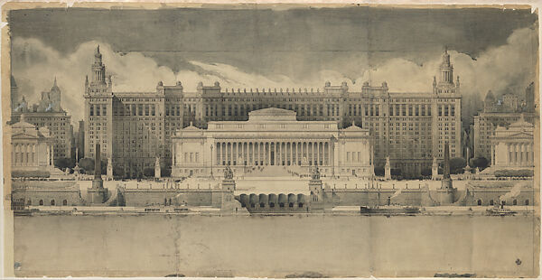 A City Hall, elevation, Harry Sternfeld American, Graphite, pen and black ink, gray and brown wash