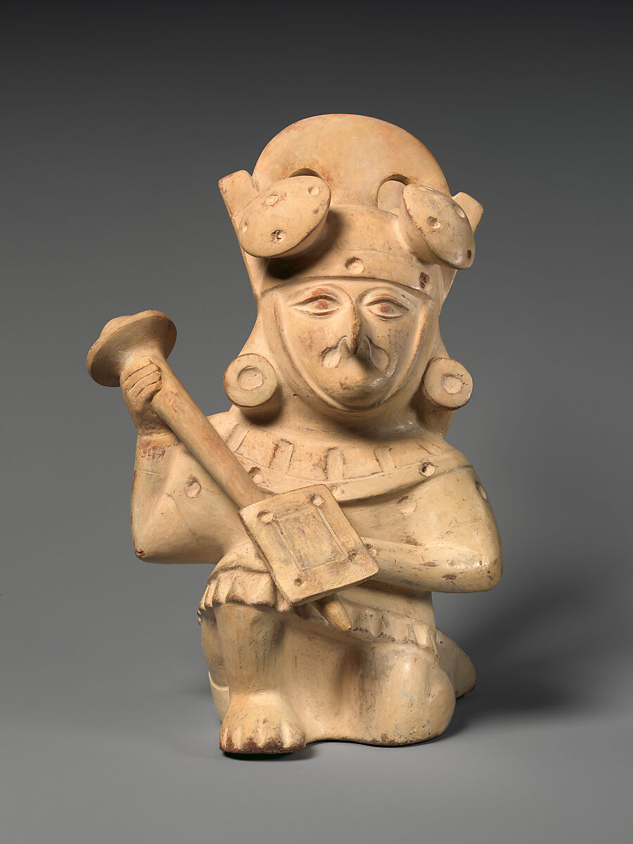 Stirrup-spout bottle with bird warrior, Moche artist(s), Ceramic, slip, Moche