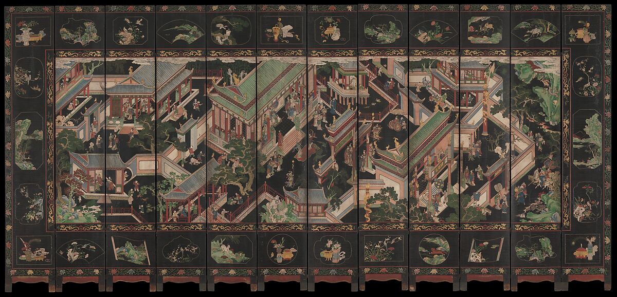 Palace Scene, Feng Langgong Chinese, Twelve-panel folding screen; wood, painted, lacquered and with gilt, China