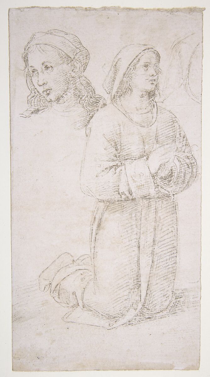 Study of a Kneeling Youth and of the Head of Another, Perugino (Pietro di Cristoforo Vannucci)  Italian, Metalpoint on pale pink-beige prepared paper