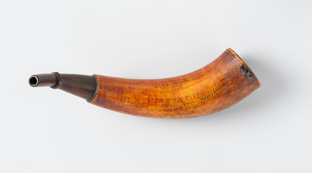 Powder Horn of John Mahard, John Bush  American, Cowhorn, wood, iron, Colonial American