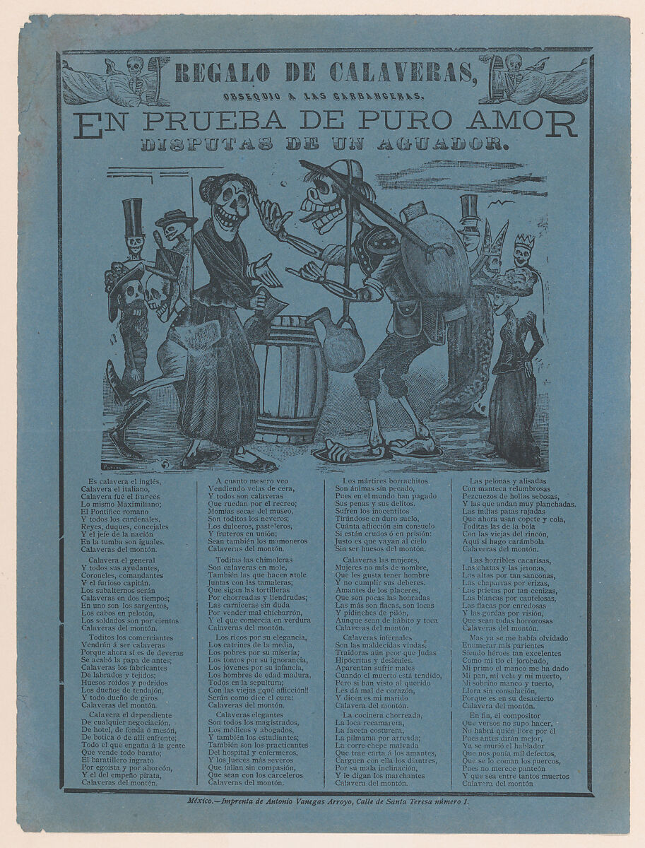 In proof of true love, a watercarrier skeleton arguing with a woman (Posada); two skeleton angels in upper corners (Manilla), José Guadalupe Posada Mexican, Type-metal engraving and letterpress