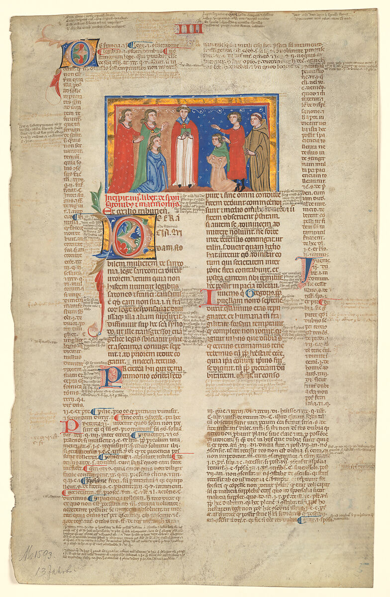 Manuscript Leaf with Marriage Scene, from Decretals of Gregory IX, Tempera, ink, and gold on parchment, Italian
