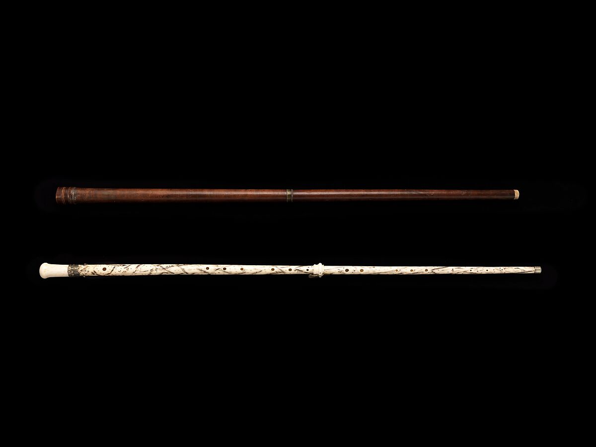 Walking-Stick Flute/Oboe, Georg Henrich Scherer German, Narwhal (narwhahl) tusk, ivory, gilt brass, German