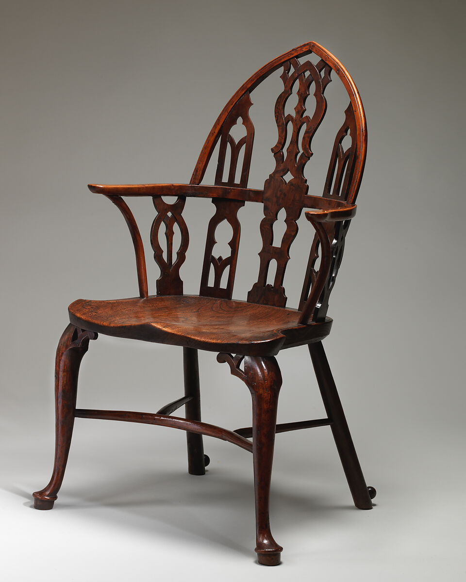 Gothic Windsor armchair (one of a pair), Elm, yew, possibly cherry, British, Thames Valley