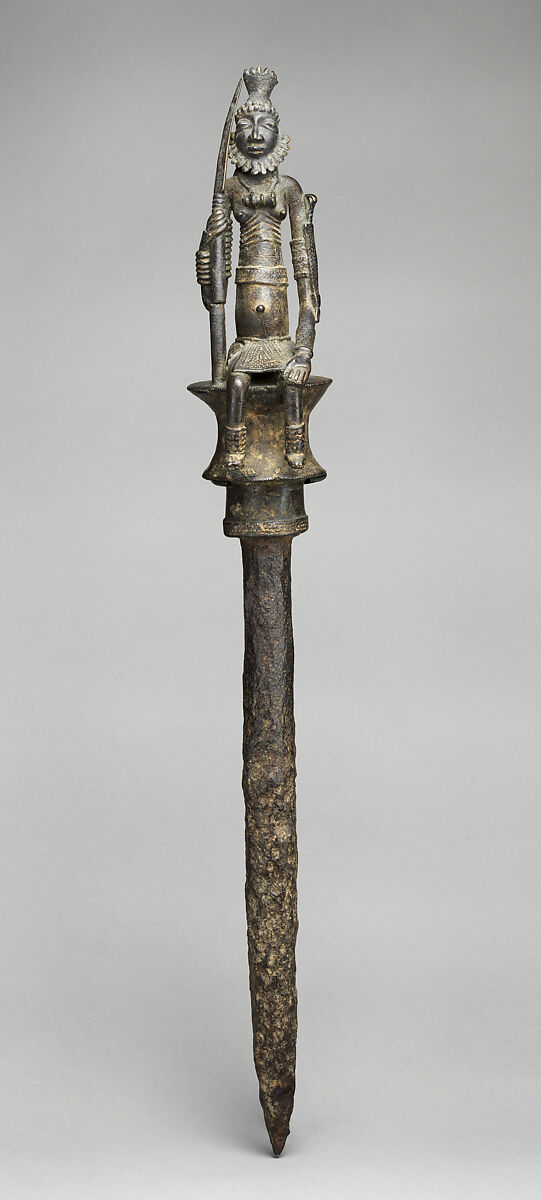 Staff with seated male leader, Dogon or Bozo blacksmith, Copper alloy, iron, Dogon or Bozo